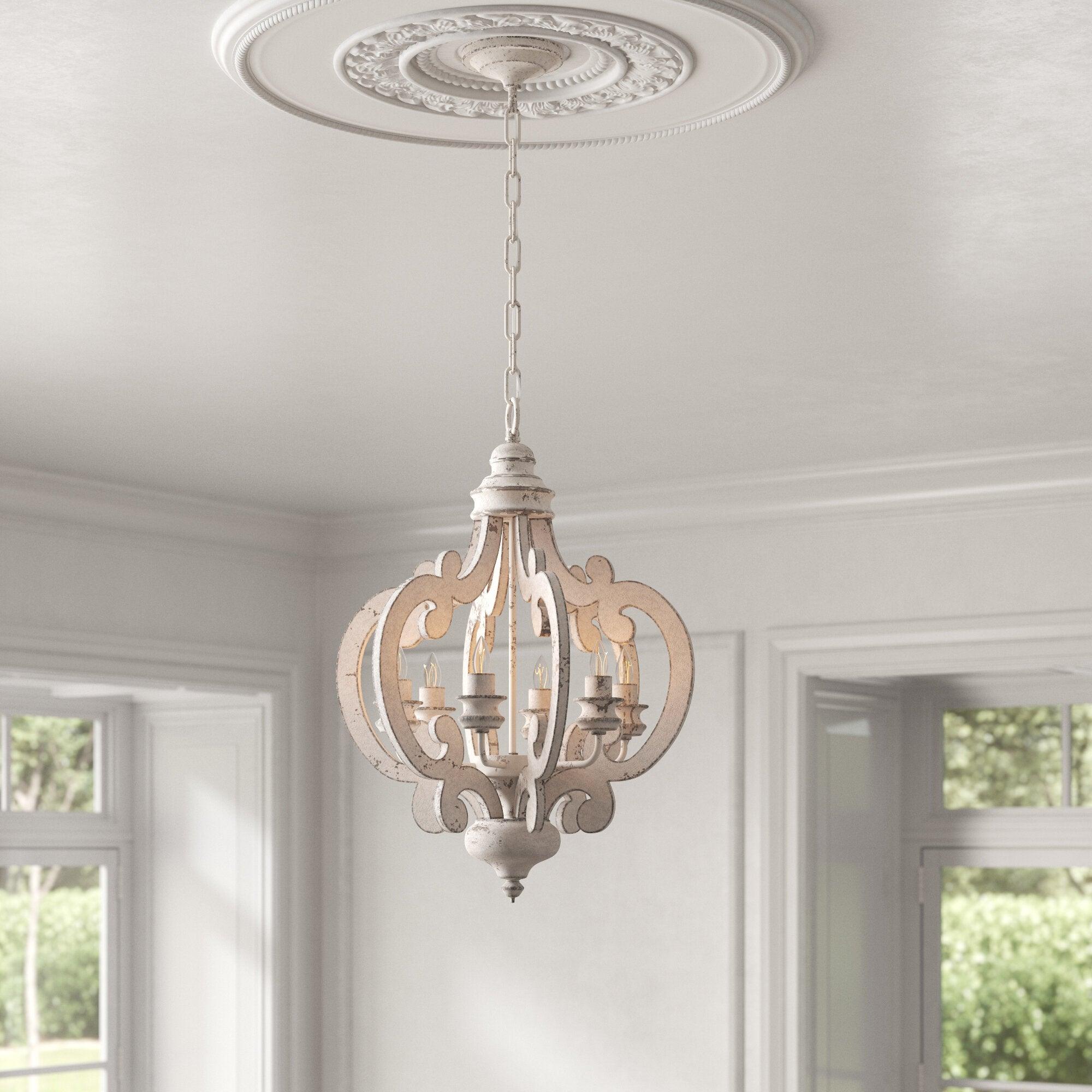 French Country Antique White Wood and Metal Lantern Chandelier 6 Light Pendant