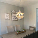 French Country Antique White Wood and Metal Lantern Chandelier 6 Light Pendant