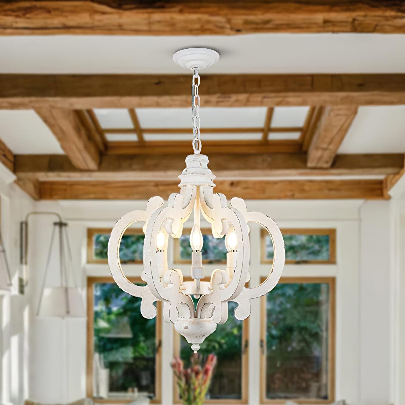 French Country Antique White Wood and Metal Lantern Chandelier 6 Light Pendant
