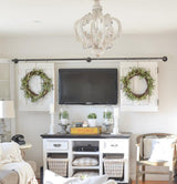 French Country Antique White Wood and Metal Lantern Chandelier 6 Light Pendant