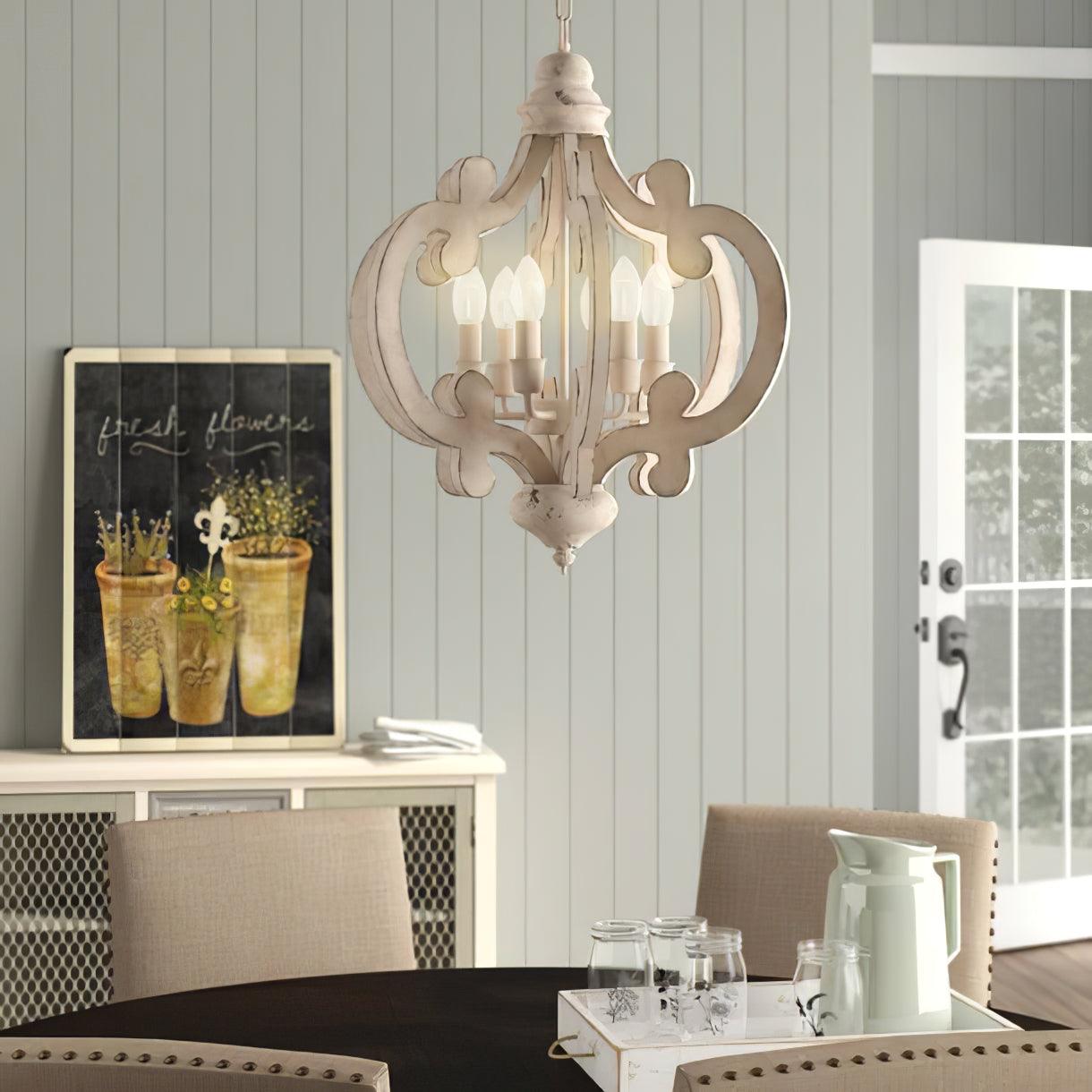 French Country Antique White Wood and Metal Lantern Chandelier 6 Light Pendant