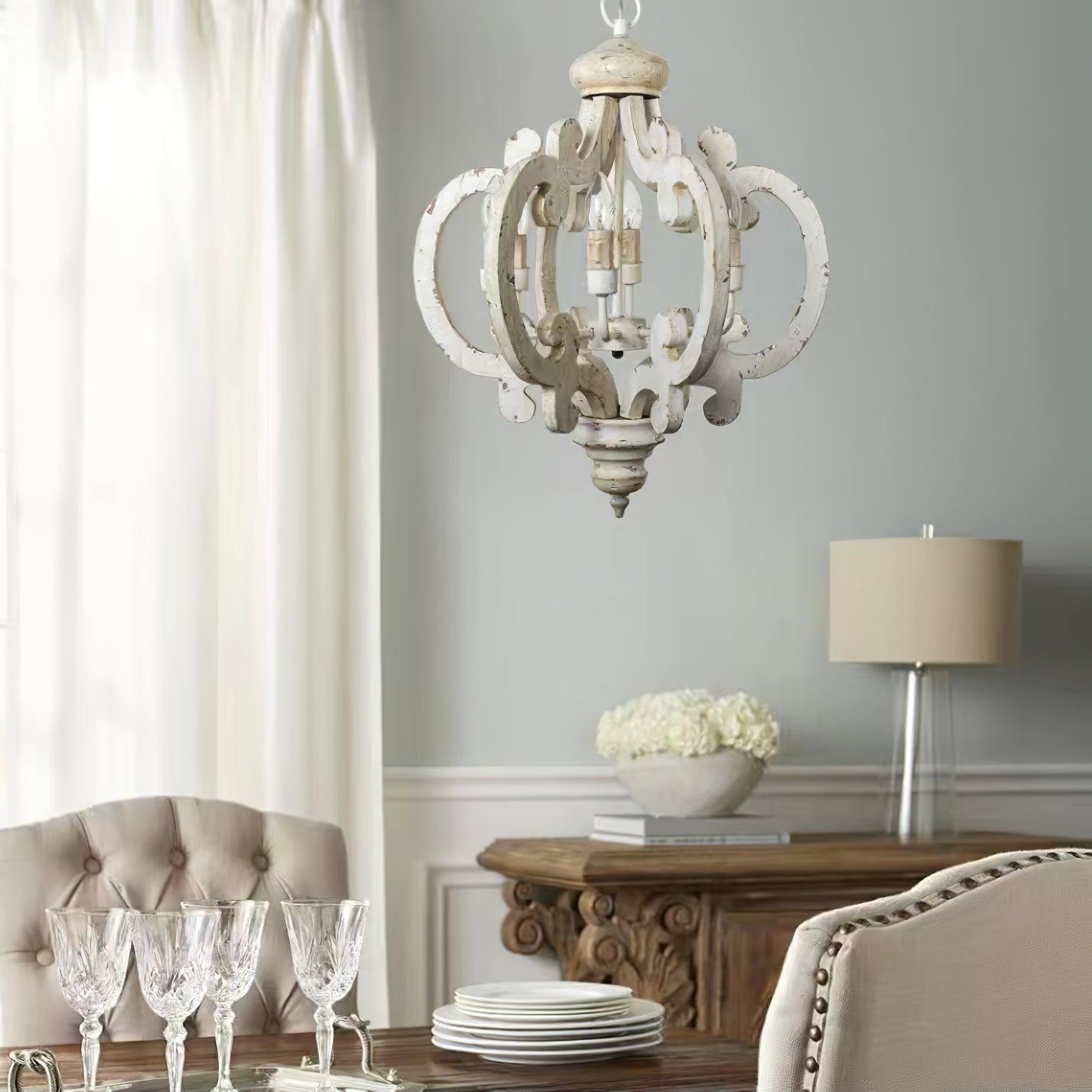 French Country Antique White Wood and Metal Lantern Chandelier 6 Light Pendant