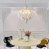 French Country Antique White Wood and Metal Lantern Chandelier 6 Light Pendant