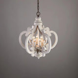 French Country Antique White Wood and Metal Lantern Chandelier 6 Light Pendant