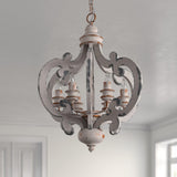 French Country Antique White Wood and Metal Lantern Chandelier 6 Light Pendant