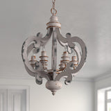 French Country Antique White Wood and Metal Lantern Chandelier 6 Light Pendant