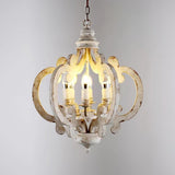 French Country Antique White Wood and Metal Lantern Chandelier 6 Light Pendant