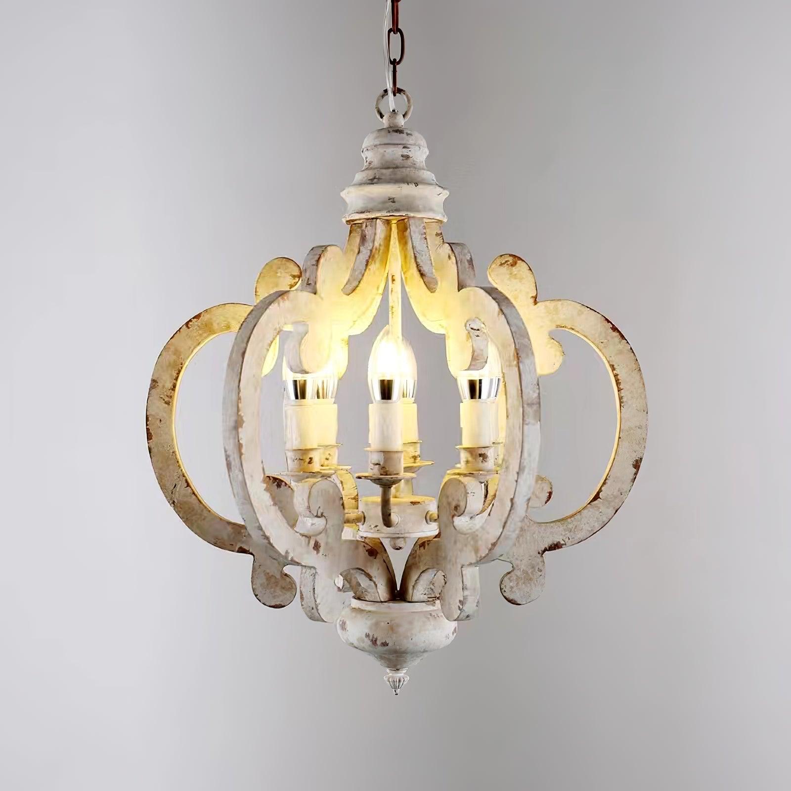 French Country Antique White Wood and Metal Lantern Chandelier 6 Light Pendant