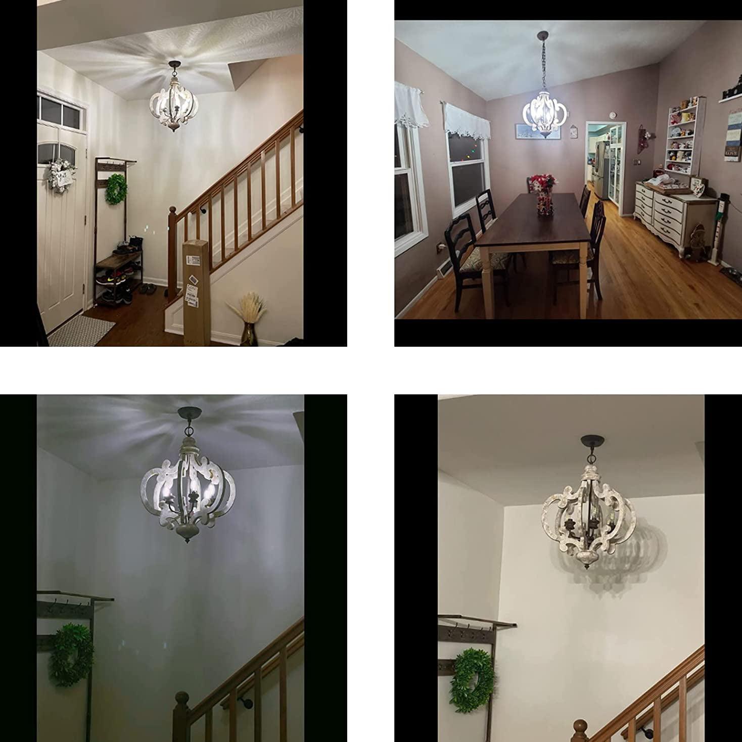 French Country Antique White Wood and Metal Lantern Chandelier 6 Light Pendant