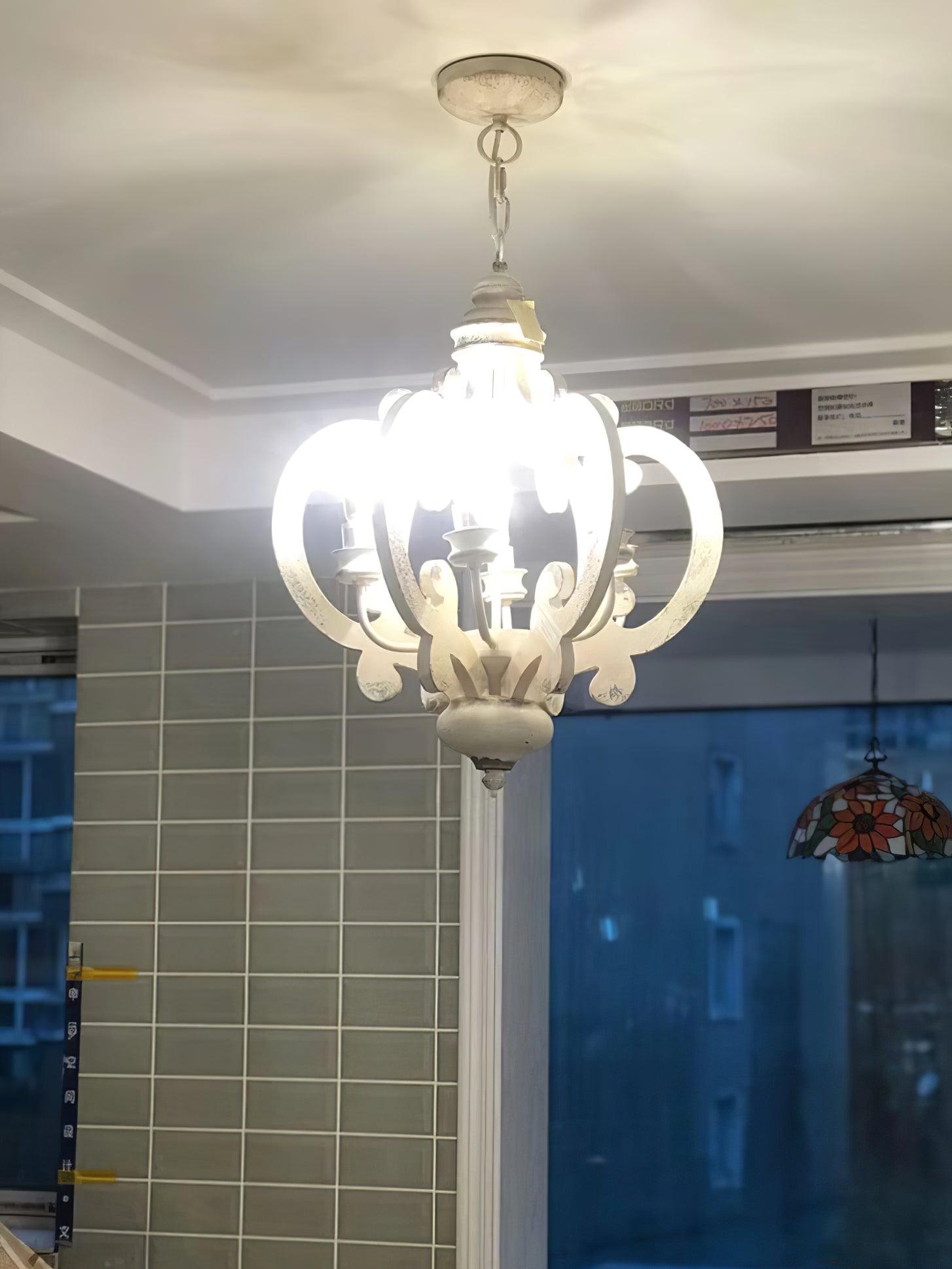 French Country Antique White Wood and Metal Lantern Chandelier 6 Light Pendant