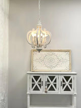 French Country Antique White Wood and Metal Lantern Chandelier 6 Light Pendant