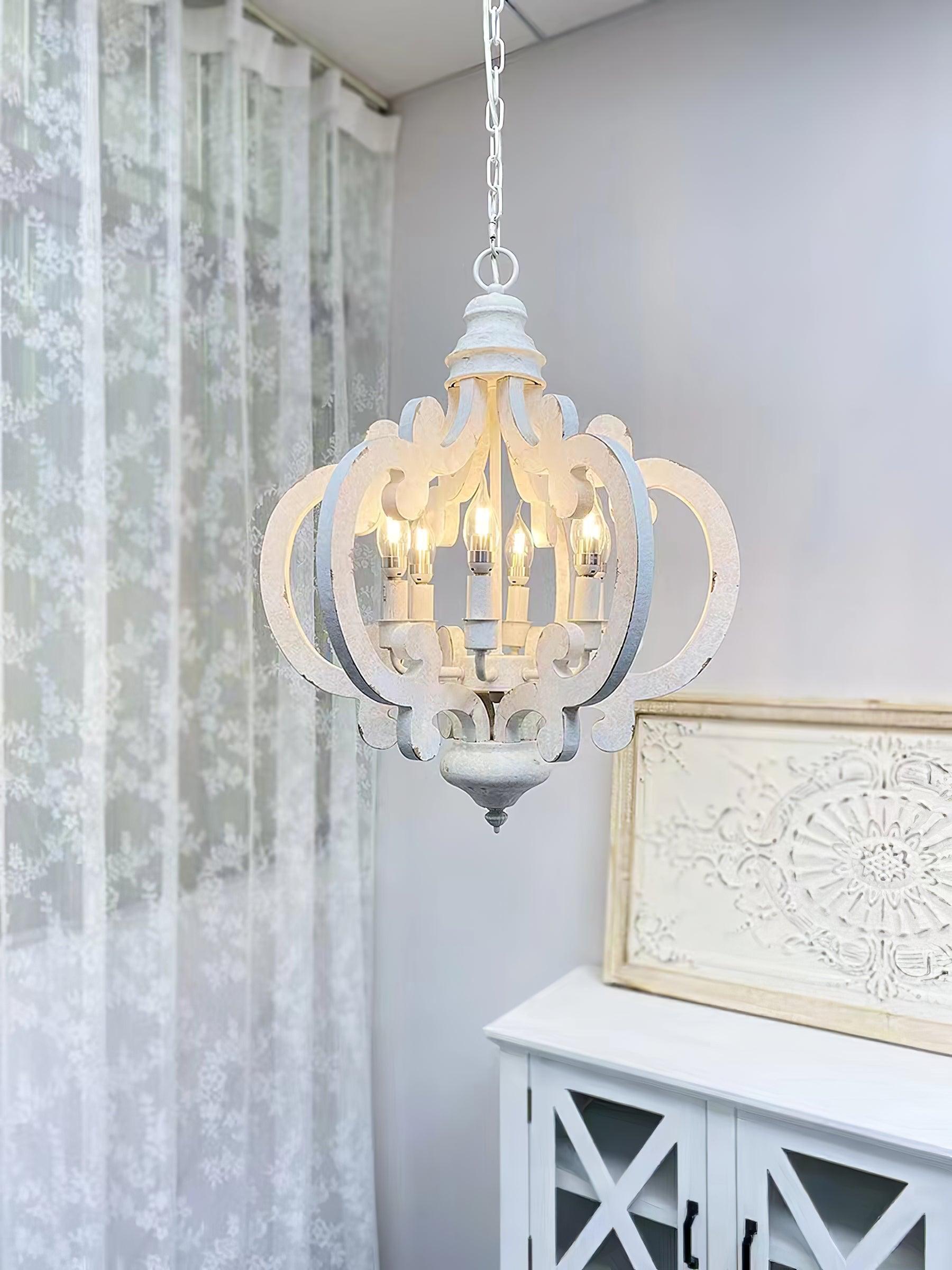 French Country Antique White Wood and Metal Lantern Chandelier 6 Light Pendant