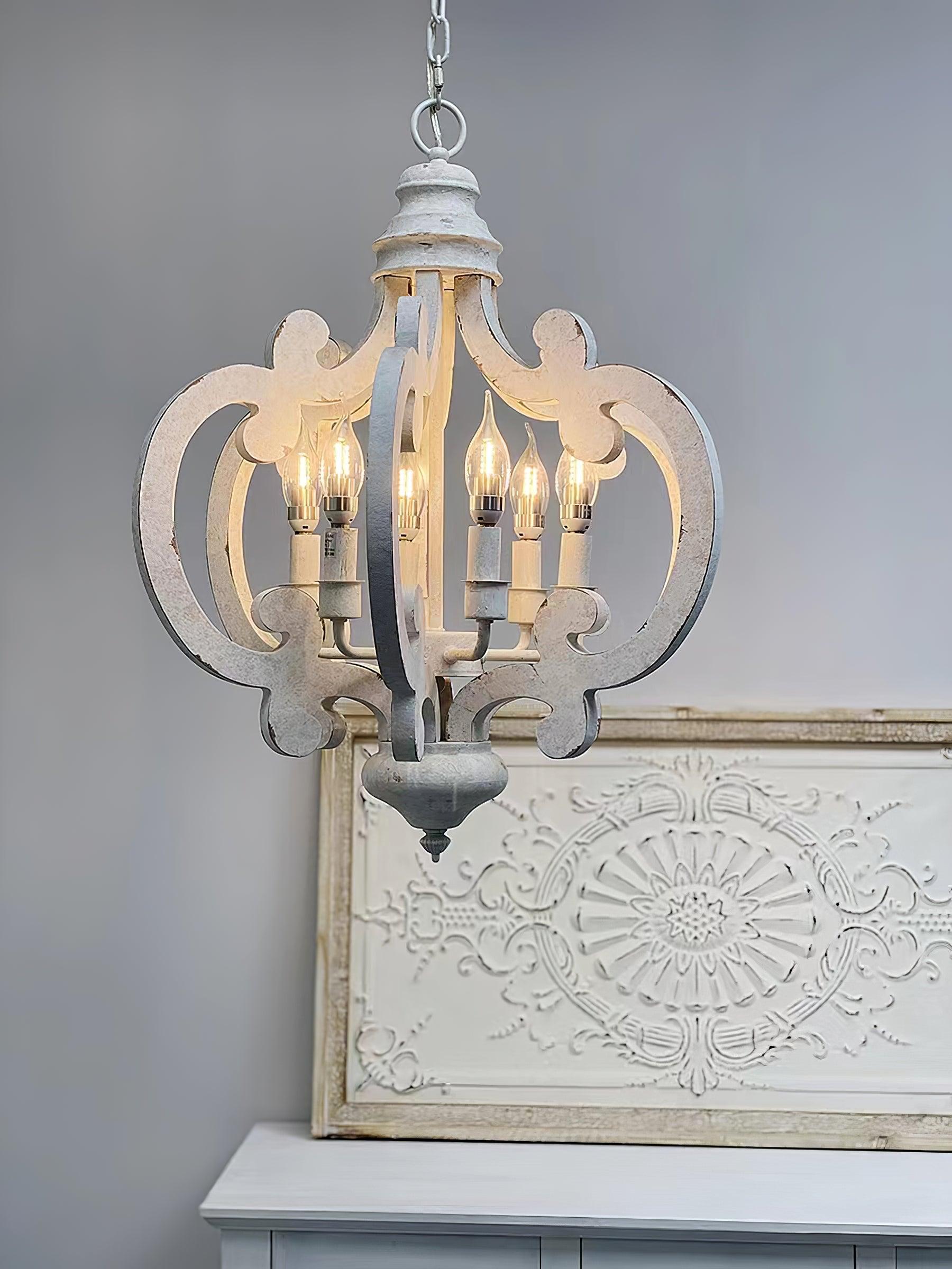 French Country Antique White Wood and Metal Lantern Chandelier 6 Light Pendant