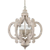 French Country Antique White Wood and Metal Lantern Chandelier 6 Light Pendant