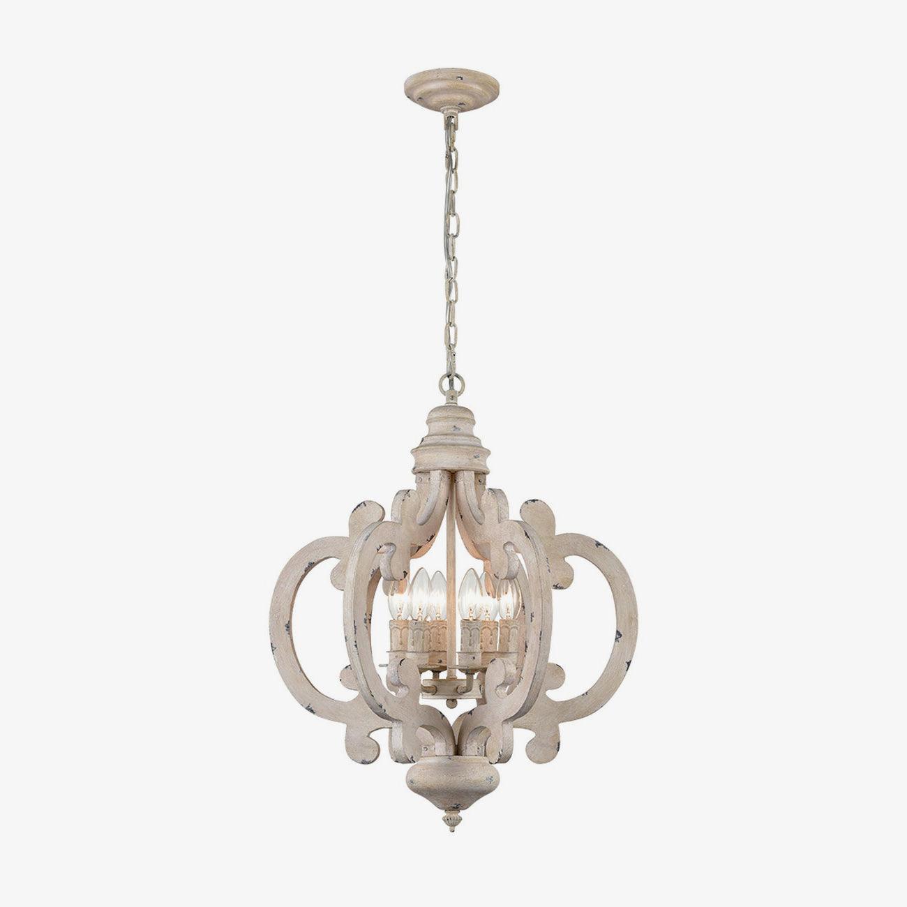 French Country Antique White Wood and Metal Lantern Chandelier 6 Light Pendant