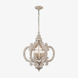 French Country Antique White Wood and Metal Lantern Chandelier 6 Light Pendant
