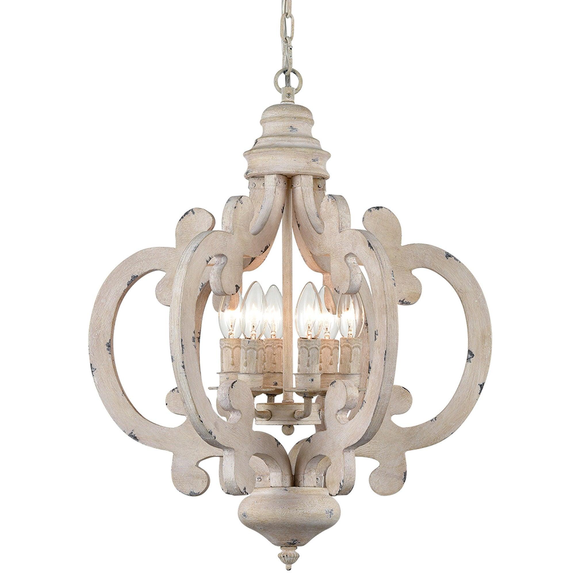 French Country Antique White Wood and Metal Lantern Chandelier 6 Light Pendant