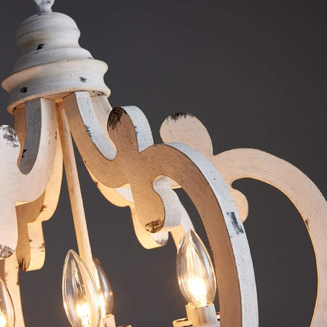 French Country Antique White Wood and Metal Lantern Chandelier 6 Light Pendant