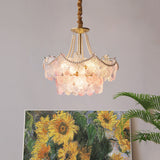 French Floral Tiered Glass Chandelier Modern Gold Metal Pendant Lighting for Bedroom and Living Room
