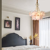 French Floral Tiered Glass Chandelier Modern Gold Metal Pendant Lighting for Bedroom and Living Room