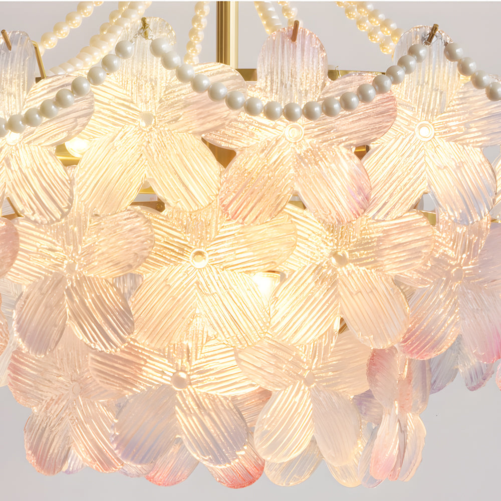 French Floral Tiered Glass Chandelier Modern Gold Metal Pendant Lighting for Bedroom and Living Room