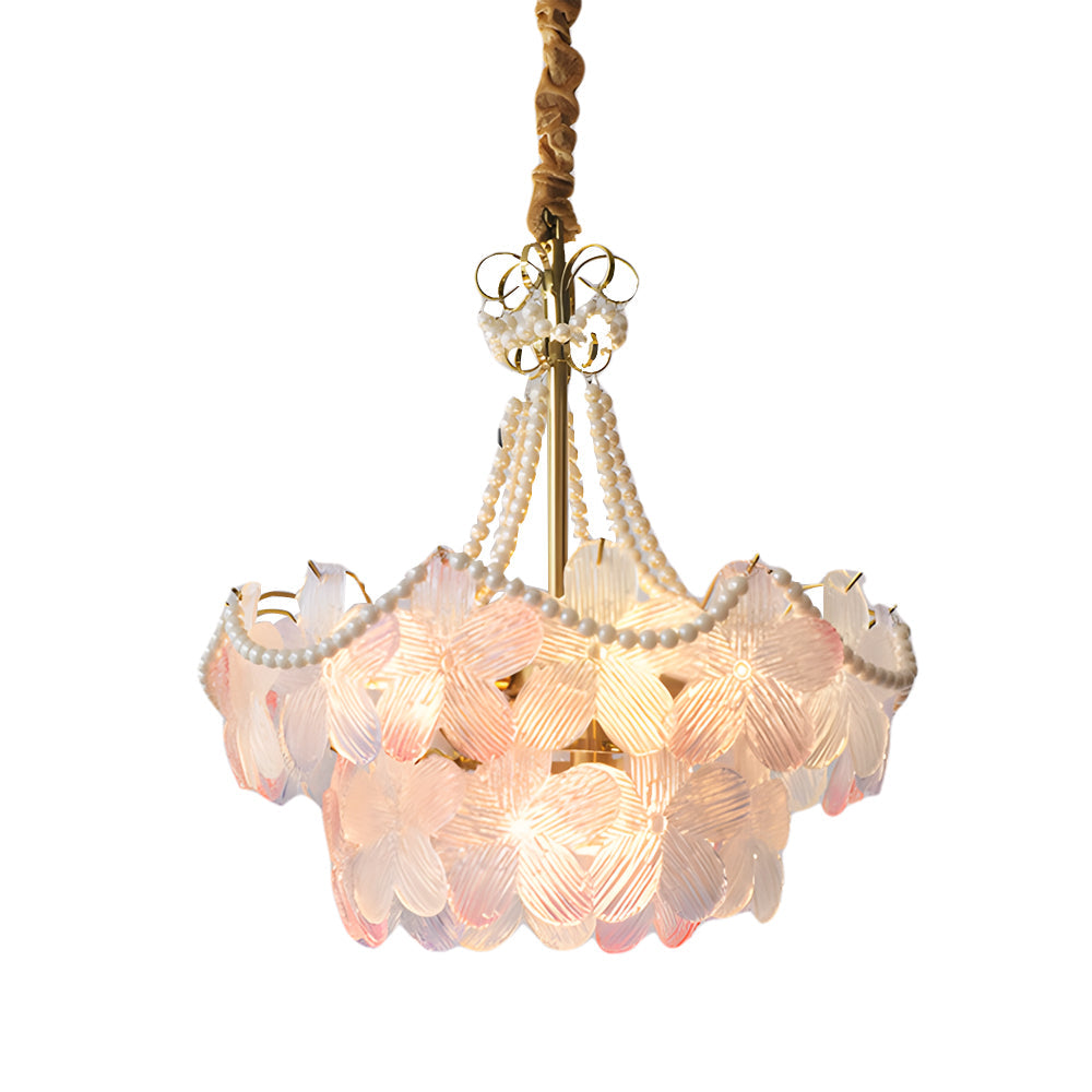 French Floral Tiered Glass Chandelier Modern Gold Metal Pendant Lighting for Bedroom and Living Room