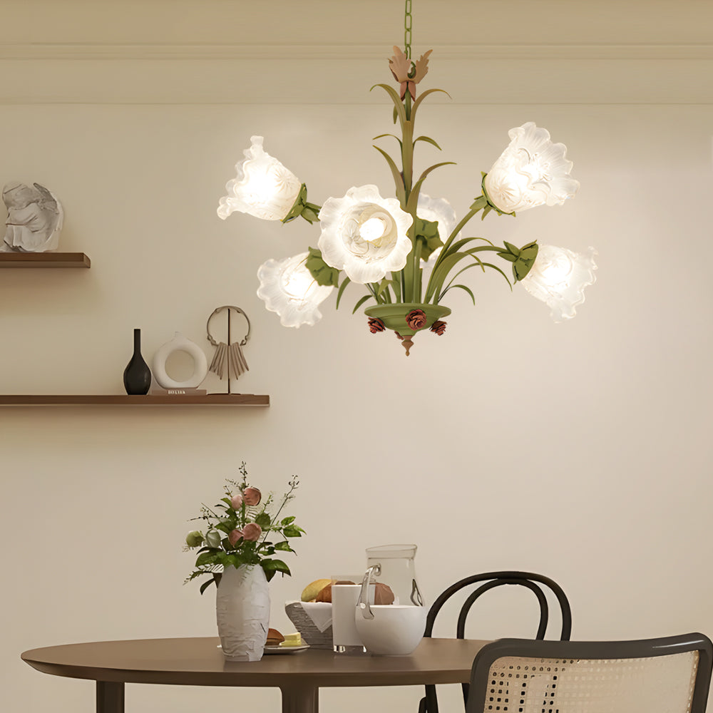 French Pastoral Green Leaf Chandelier with Lily of the Valley Frosted Glass Flower Shades