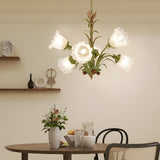 French Pastoral Green Leaf Chandelier with Lily of the Valley Frosted Glass Flower Shades