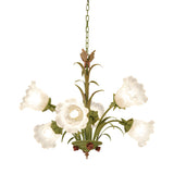 French Pastoral Green Leaf Chandelier with Lily of the Valley Frosted Glass Flower Shades