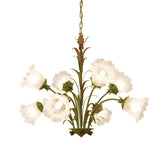 French Pastoral Green Leaf Chandelier with Lily of the Valley Frosted Glass Flower Shades