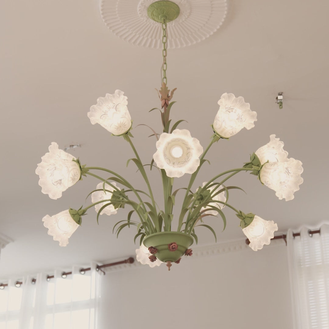 French Pastoral Green Leaf Chandelier with Lily of the Valley Frosted Glass Flower Shades