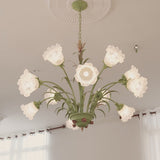 French Pastoral Green Leaf Chandelier with Lily of the Valley Frosted Glass Flower Shades