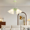 French Style 6 Head Floral Chandelier Green and White Glass Leaf Ceiling Light with 3 Step Dimming