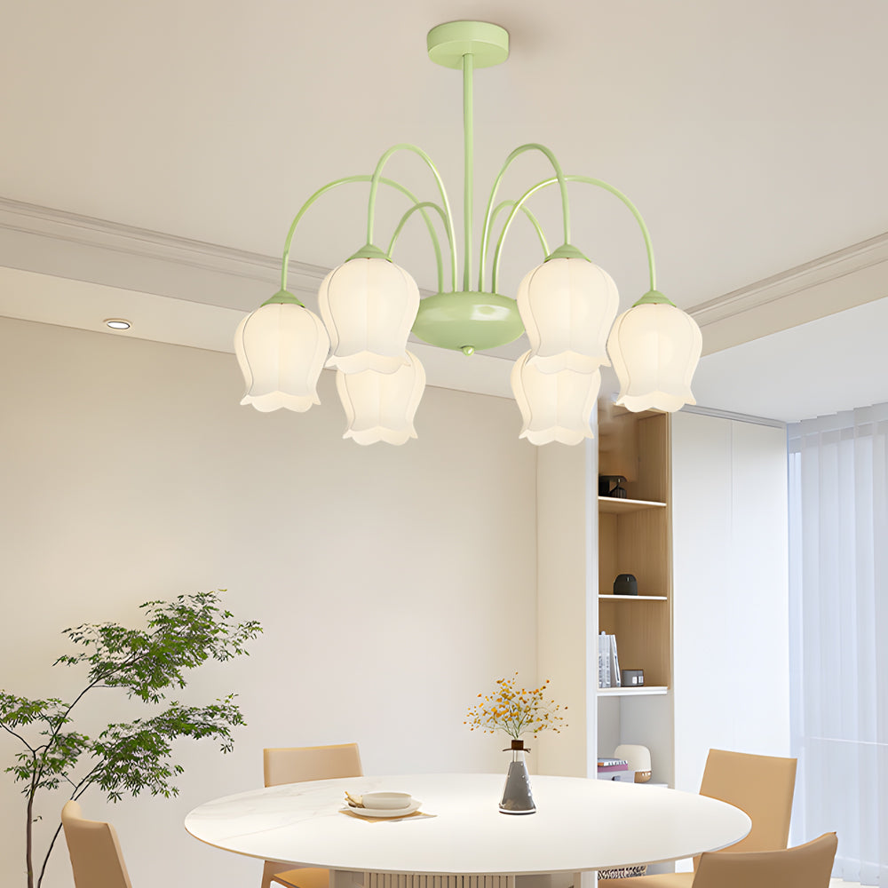 French Style 6 Light Bell Orchid Glass Chandelier with 3 Color Dimming Pendant Light