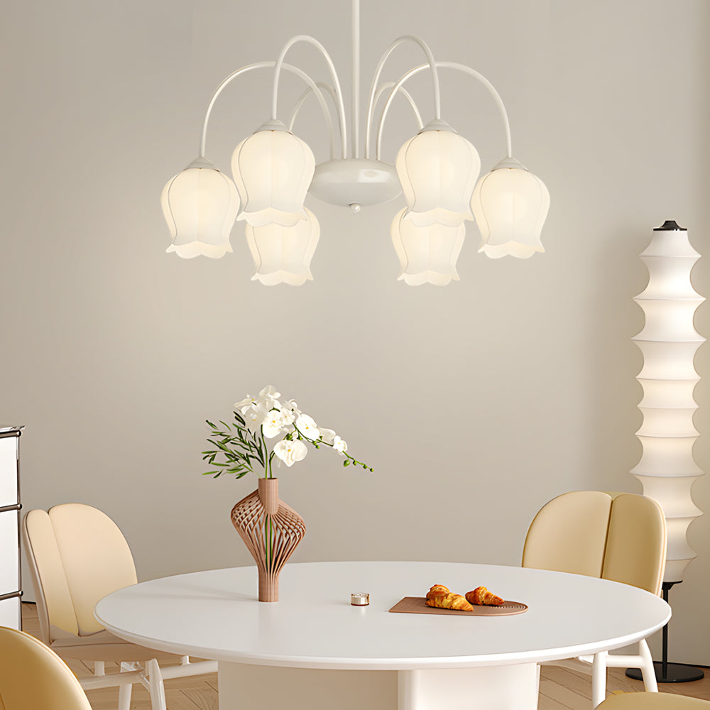French Style 6 Light Bell Orchid Glass Chandelier with 3 Color Dimming Pendant Light