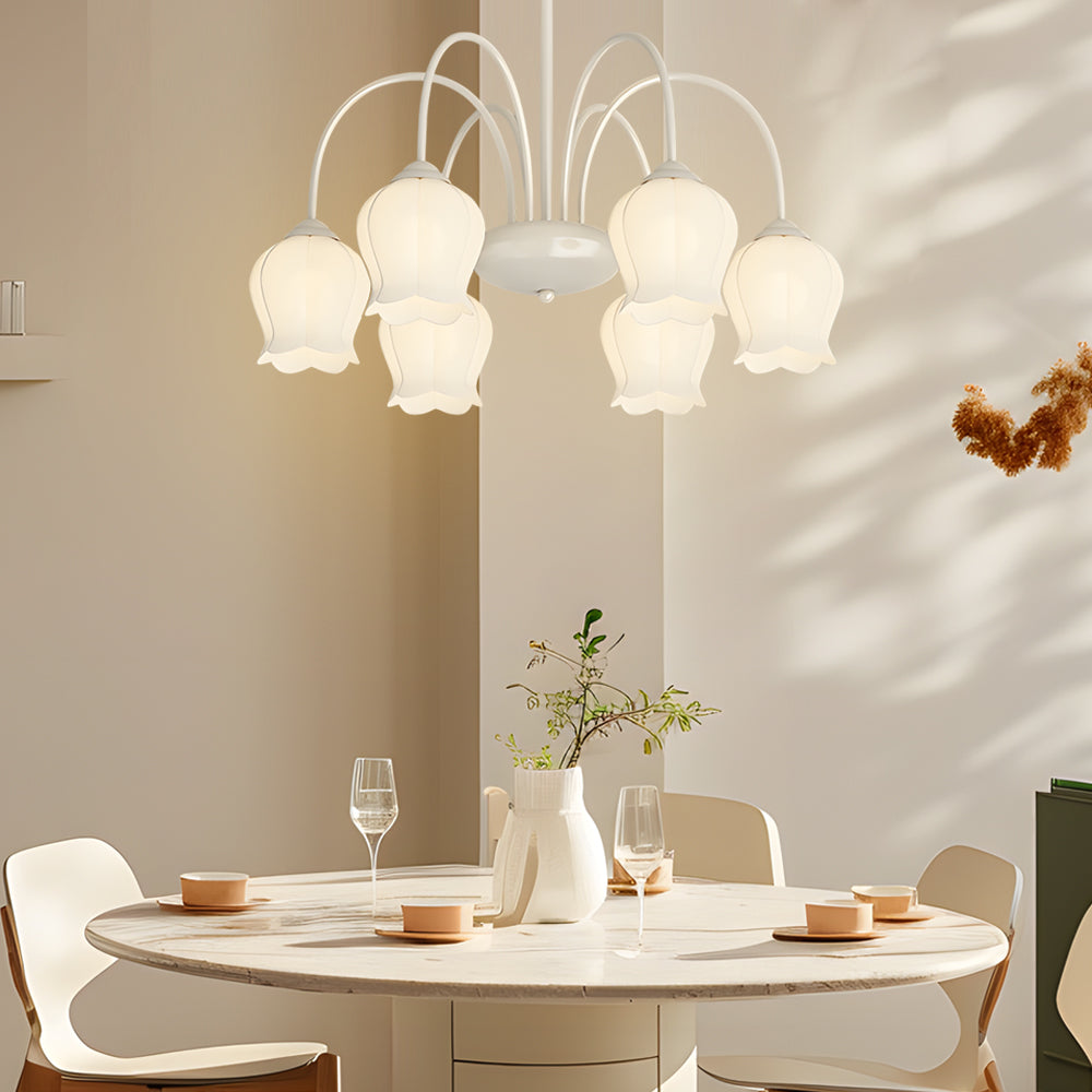 French Style 6 Light Bell Orchid Glass Chandelier with 3 Color Dimming Pendant Light