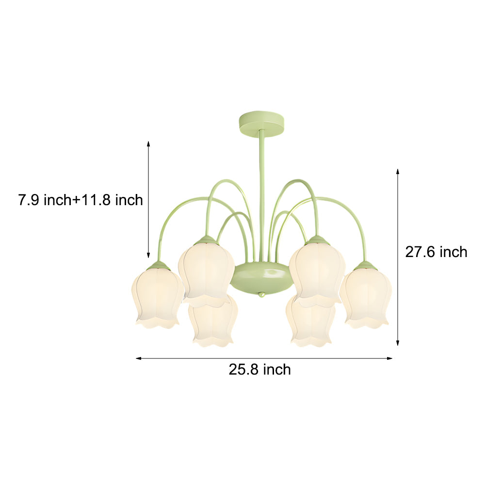 French Style 6 Light Bell Orchid Glass Chandelier with 3 Color Dimming Pendant Light