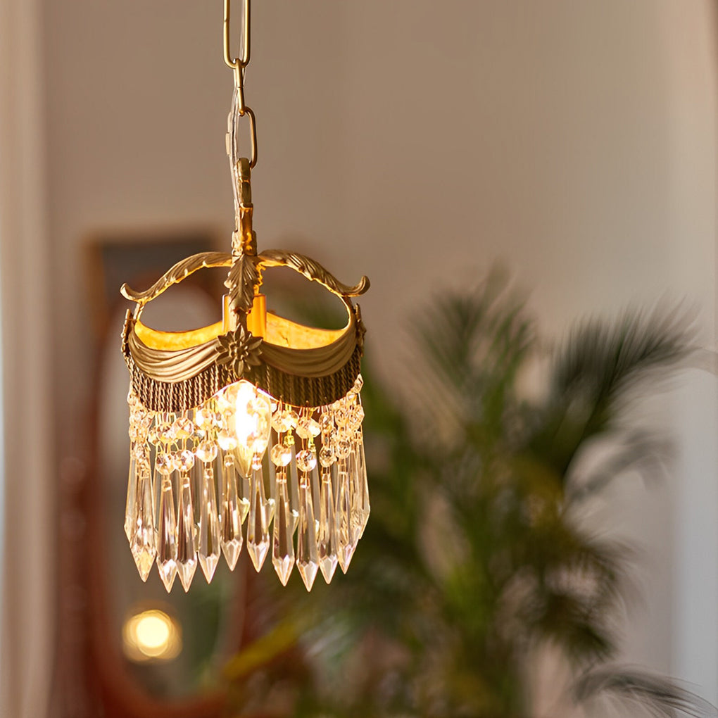 French Style Copper Crystal Pendant Light Three Color Dimming Hanging Lamp for Bedroom
