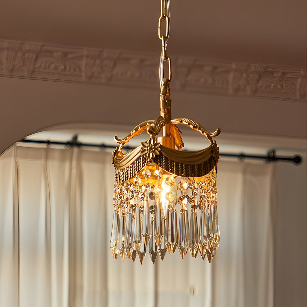 French Style Copper Crystal Pendant Light Three Color Dimming Hanging Lamp for Bedroom