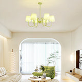 French Style Retro Green Chandelier with Pleated Fabric Shades Pastoral Hanging Ceiling Light