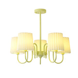 French Style Retro Green Chandelier with Pleated Fabric Shades Pastoral Hanging Ceiling Light