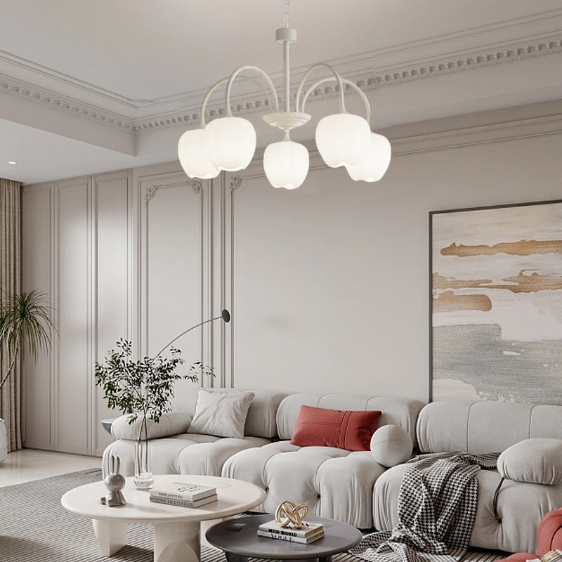 French Style Tulip Flower Milky White Glass Chandelier 3 Step Dimming LED Pendant Ceiling Light for Living Room