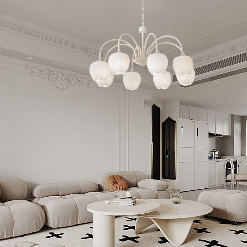 French Style Tulip Flower Milky White Glass Chandelier 3 Step Dimming LED Pendant Ceiling Light for Living Room