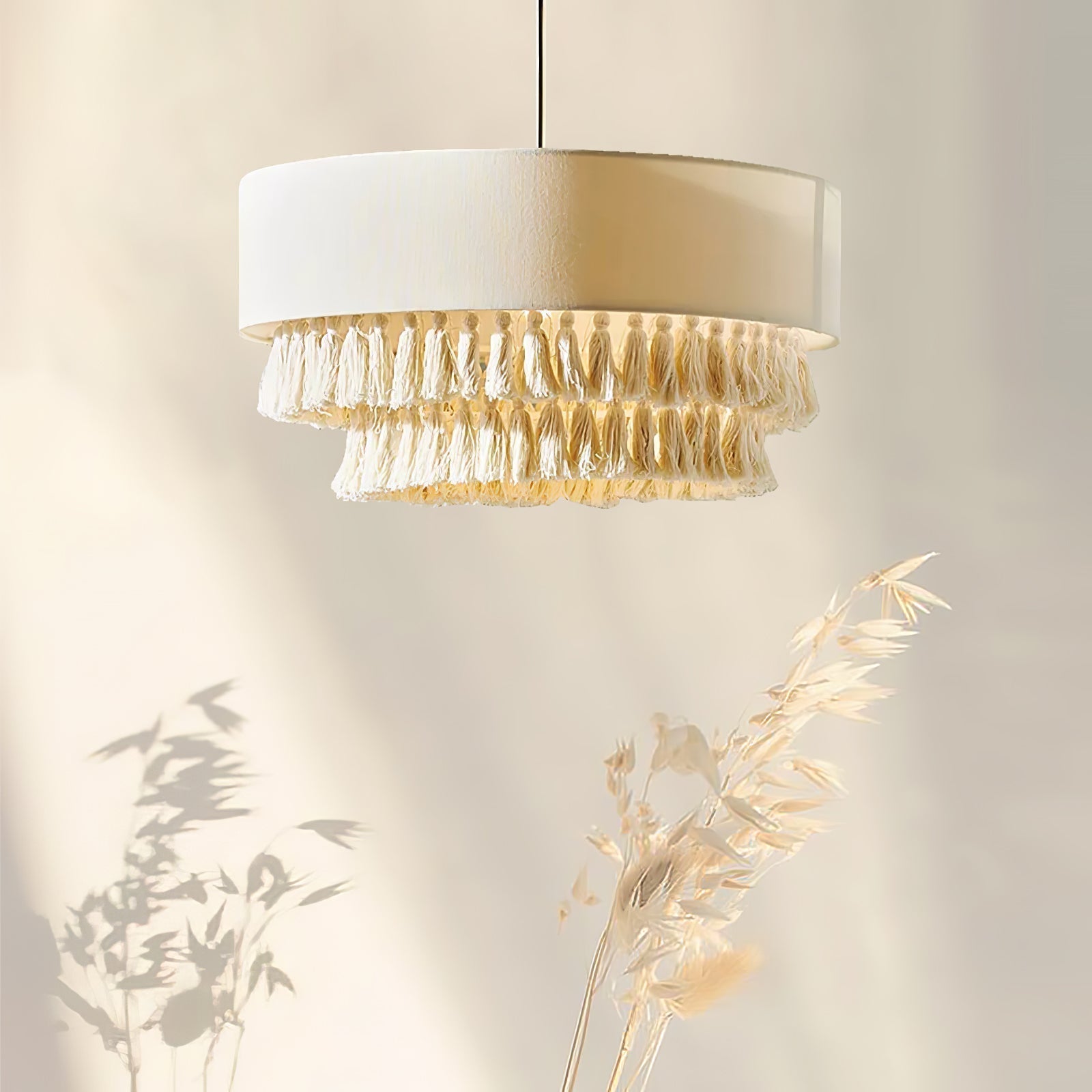 Freya Bohemian Tassel Pendant Light with Hemp Rope and Fabric Shade for Indoor Decor