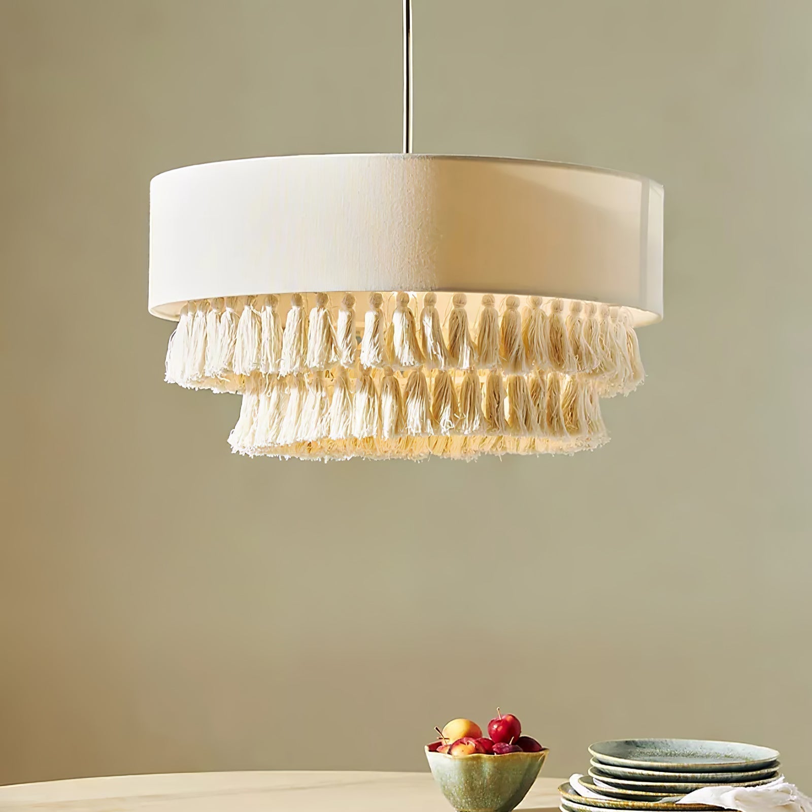 Freya Bohemian Tassel Pendant Light with Hemp Rope and Fabric Shade for Indoor Decor