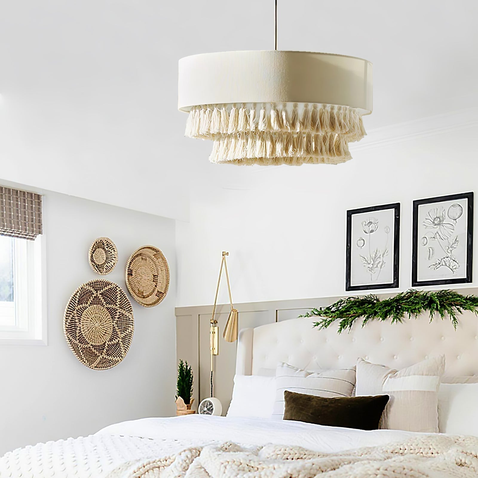 Freya Bohemian Tassel Pendant Light with Hemp Rope and Fabric Shade for Indoor Decor