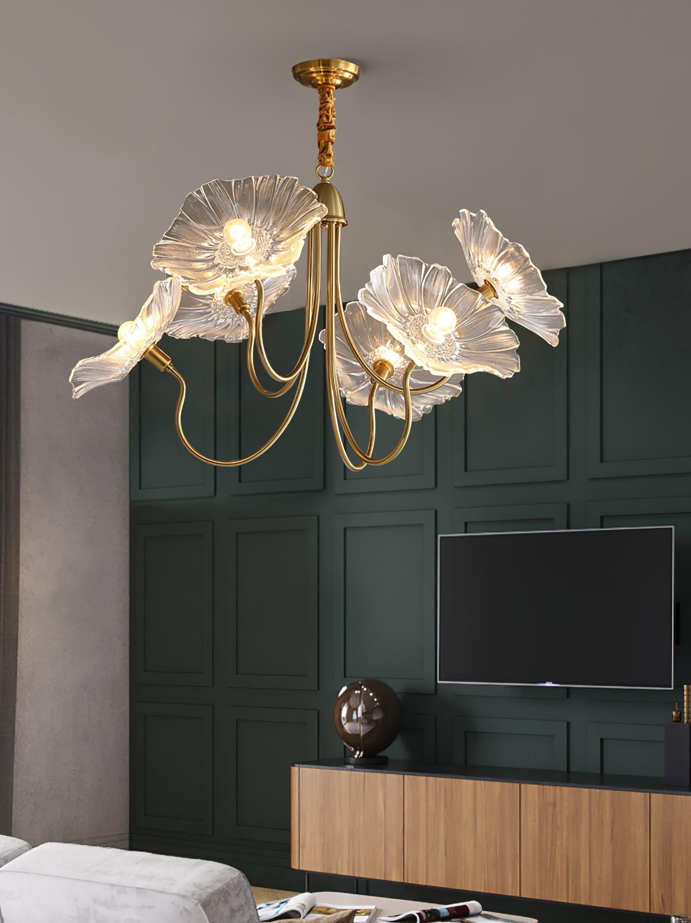 Frosted Lotus Leaf Glass Pendant Light Modern Gold Luxury Ceiling Chandelier for Dining Room