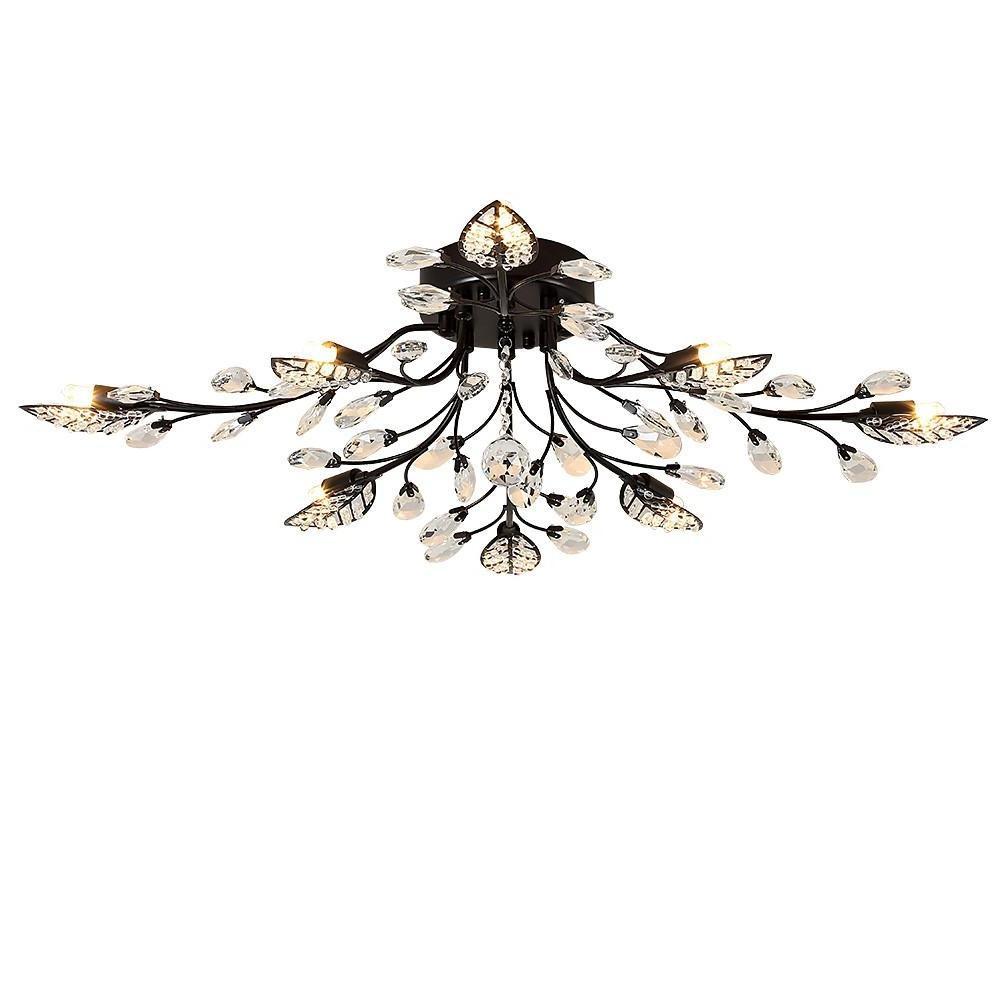 Vintage Antique Brass Leaf Crystal Branch Semi Flush Mount Ceiling Light 8 Light LED Chandelier