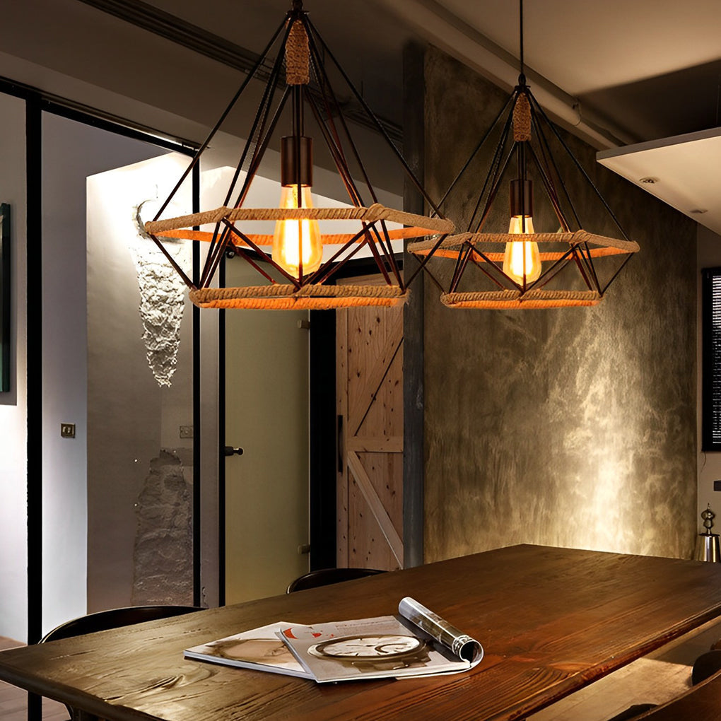 Geometric Black Iron Cage Pendant Lighting Retro Industrial Lantern Chandelier for Modern Home
