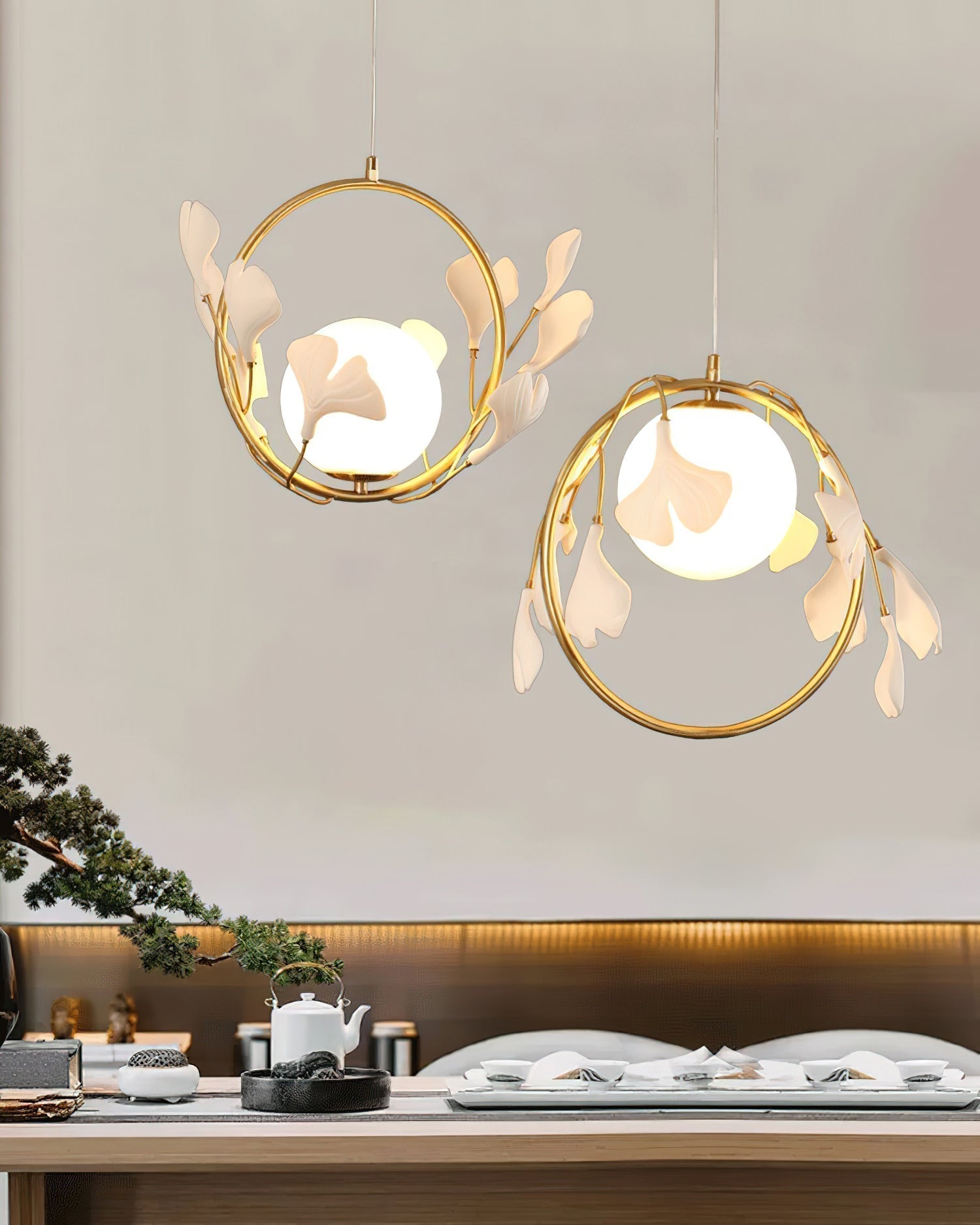 Gingko Leaf Brass Pendant Light Elegant Glass Ball Chandelier for Modern Interior Spaces